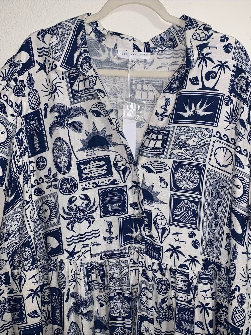 Linen Rayon Blend Navy & White Beach Novelty Printed Button-Front Shirt Dress 3X